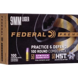 Federal Practice & Defend HST/Syntech Combo Ammunition 9mm Luger 124 Grain Jacketed Hollow Point & Total Synthetic Jacket 500 round