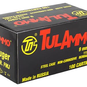 TulAmmo Ammunition 9mm Luger 115 Grain Full Metal Jacket (Bi-Metal) Steel Case Berdan Primed